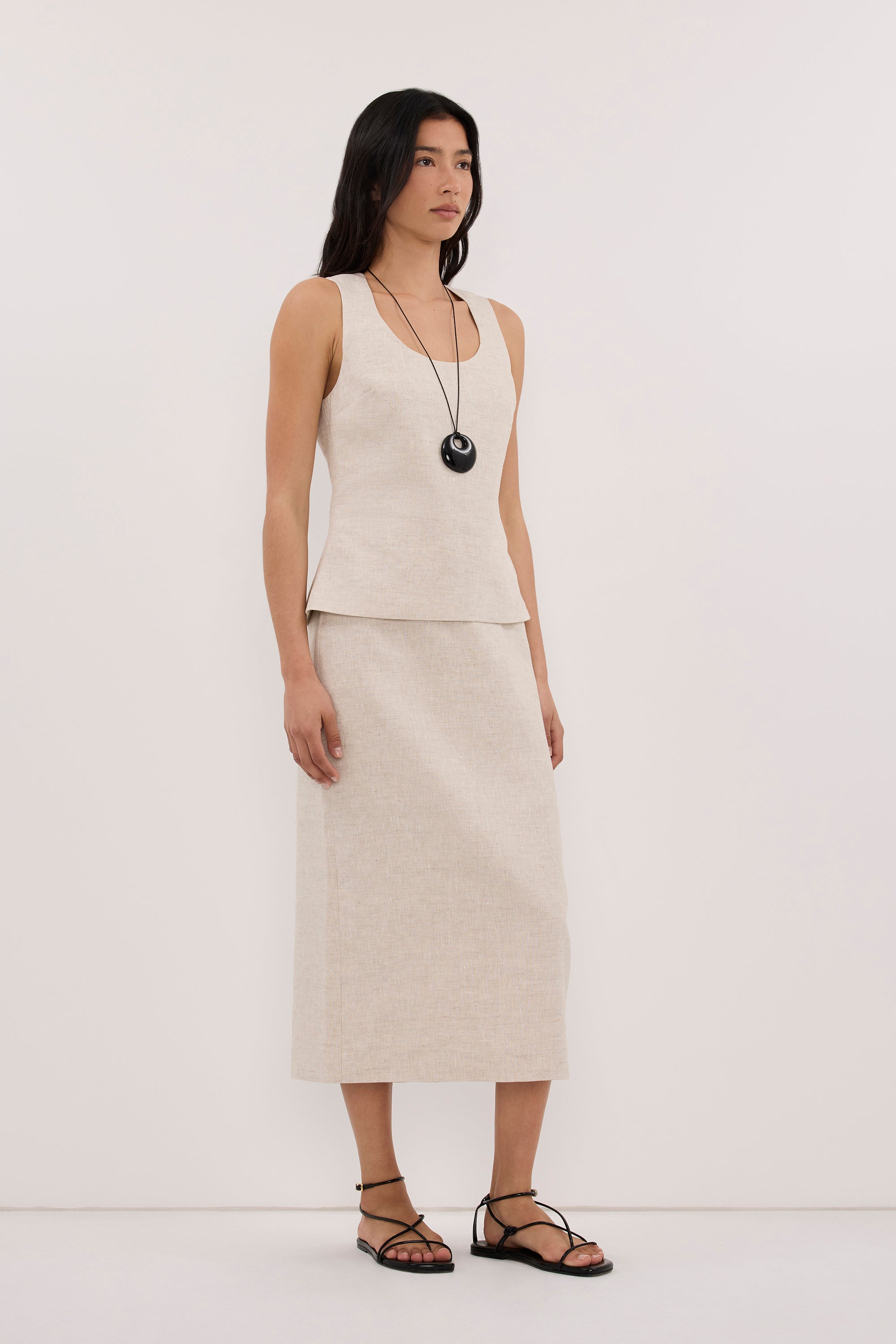 AURELI NATURAL LINEN PENCIL MIDI SKIRT
