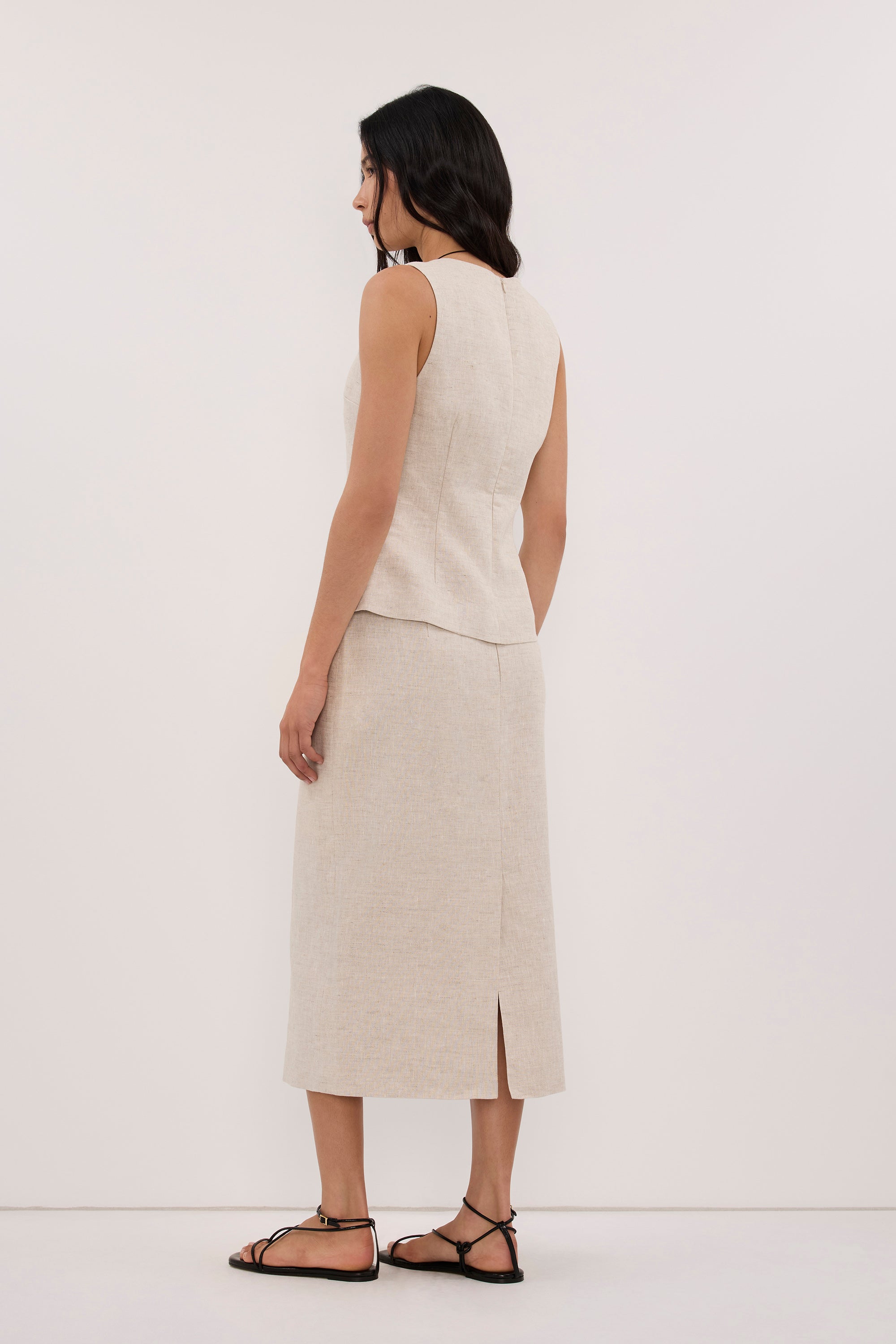 AURELI NATURAL LINEN PENCIL MIDI SKIRT
