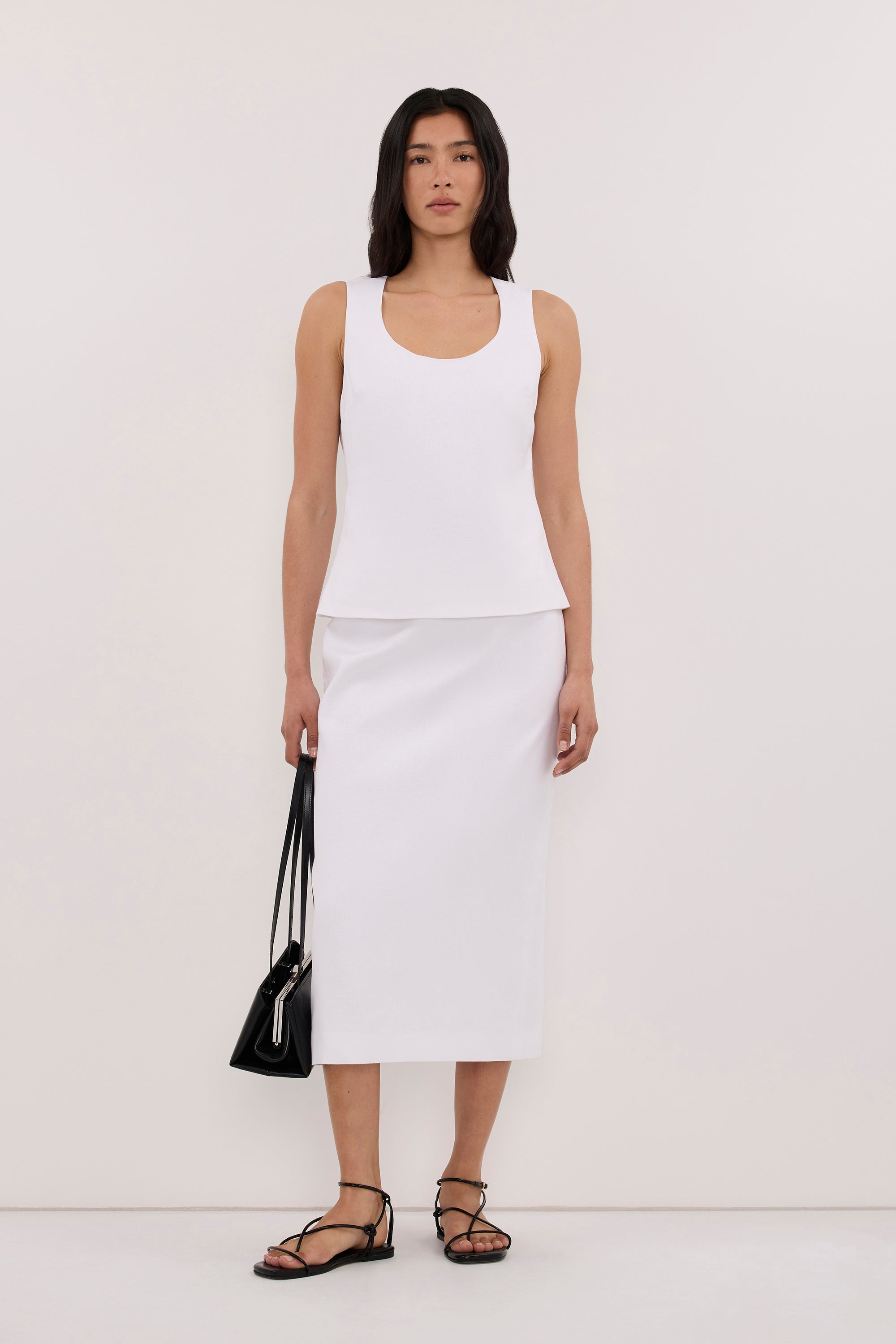 AURELI WHITE LINEN PENCIL MIDI SKIRT
