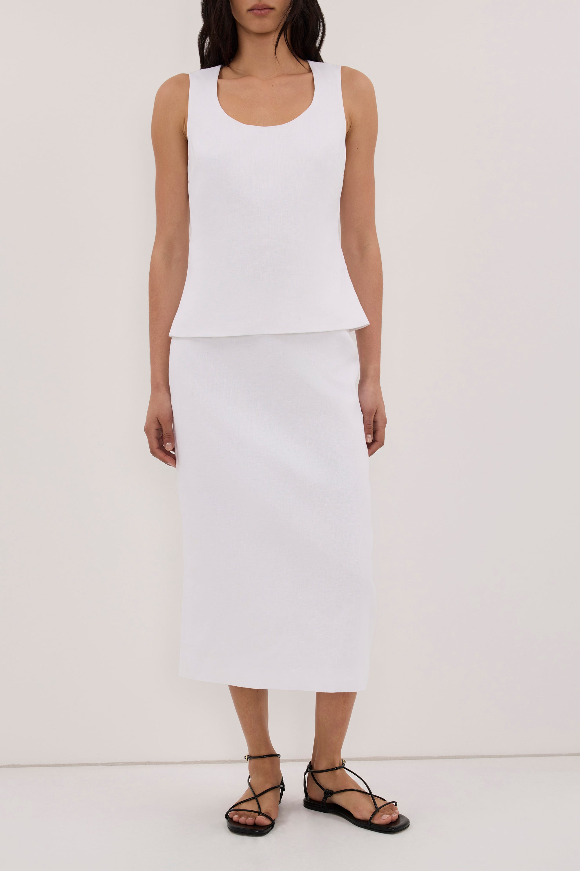AURELI WHITE LINEN PENCIL MIDI SKIRT