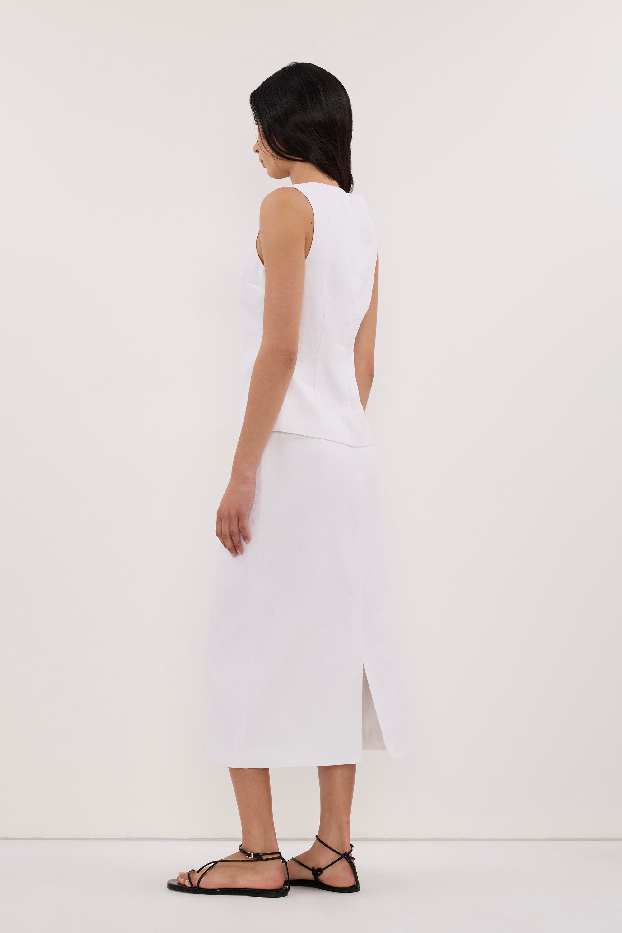 AURELI WHITE LINEN PENCIL MIDI SKIRT