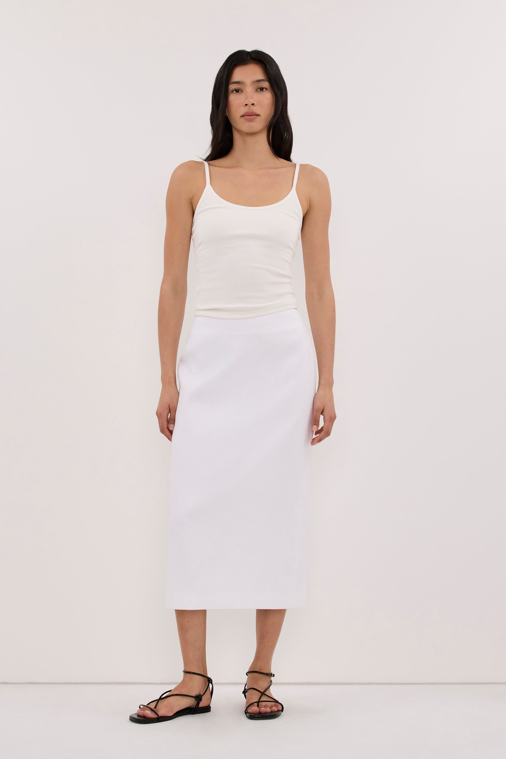 AURELI WHITE LINEN PENCIL MIDI SKIRT