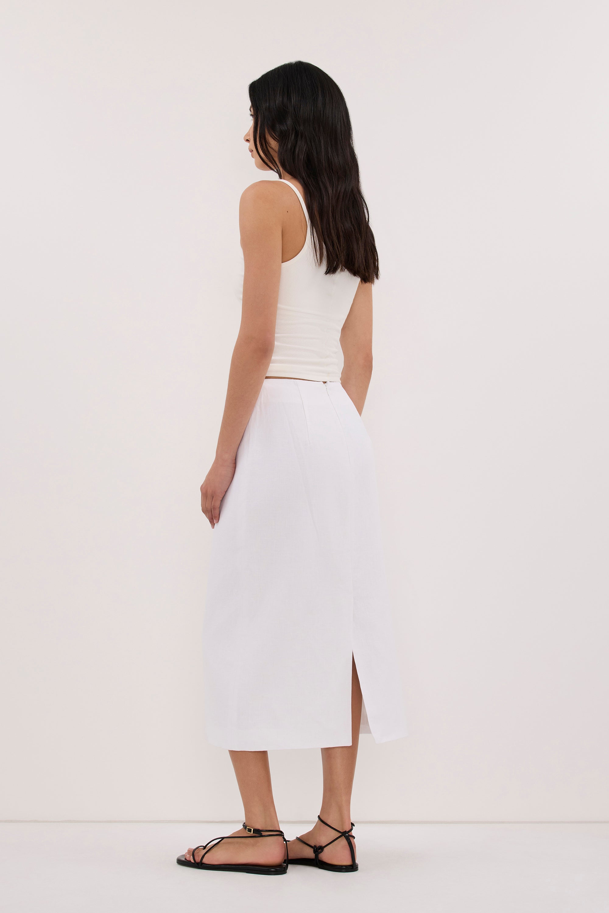 AURELI WHITE LINEN PENCIL MIDI SKIRT
