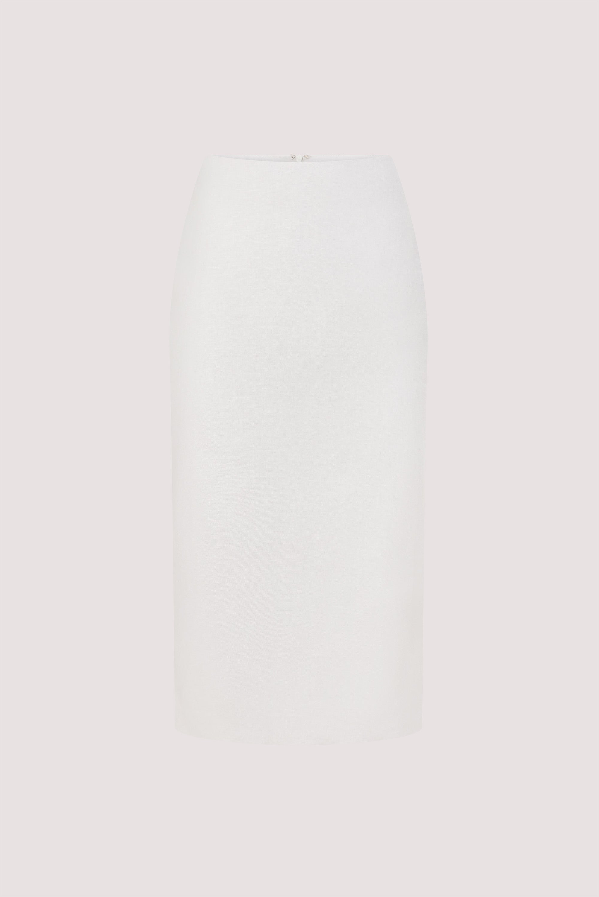 AURELI WHITE LINEN PENCIL MIDI SKIRT