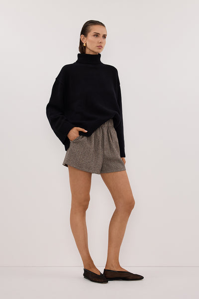 Casey wearing FRANKIE CHOC TWEED ELASTIC SHORT
