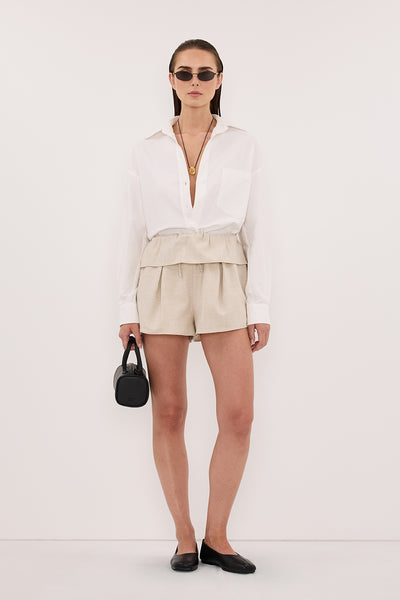 Stas wearing CYRUS NATURAL MARLE FISHERMAN SHORT