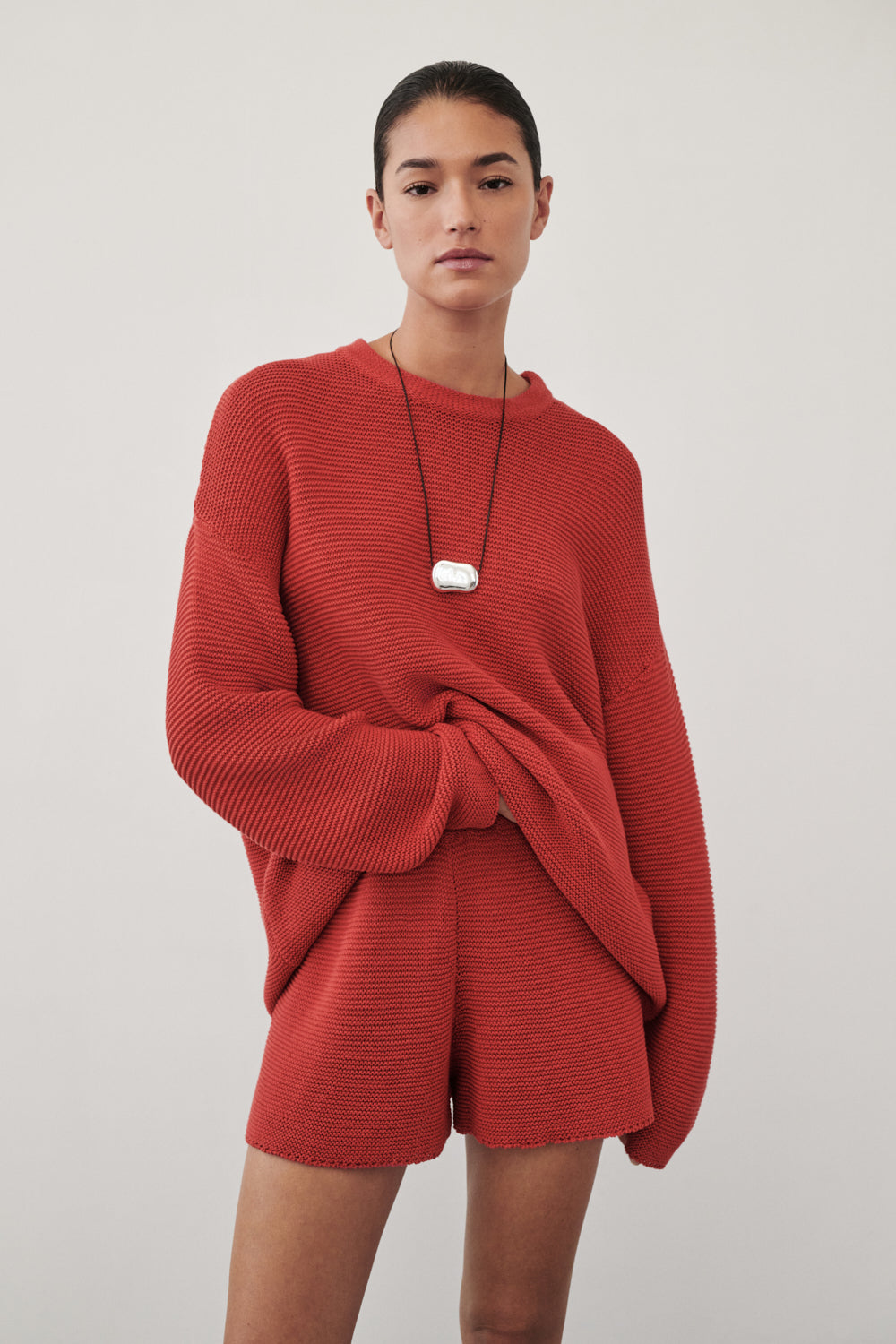 THEA BURNT RED COTTON KNIT SHORTS