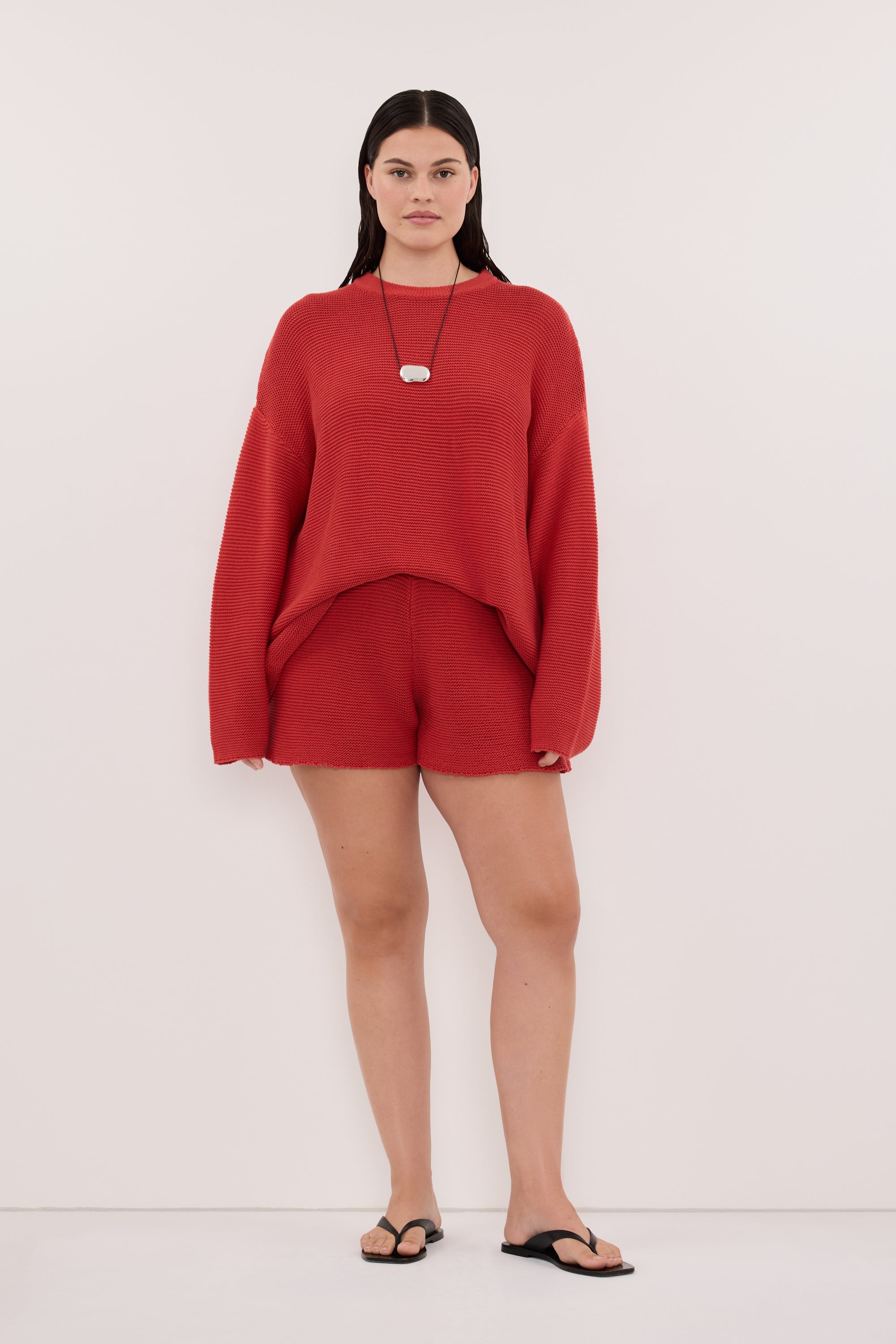 THEA BURNT RED COTTON KNIT SHORTS