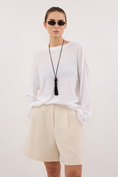 Stas wearing SOLENE CREAM BERMUDA SHORT
