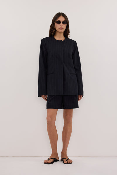 Helena  wearing SIAN INK PINSTRIPE BERMUDA SHORT