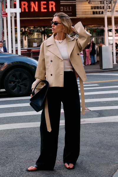 Joanna wearing EDEN BLACK TAILORED PANT