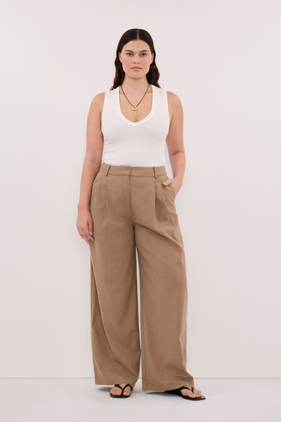 Jasmine wearing SORAYA TAN MARLE RELAXED TAILORED PANT
