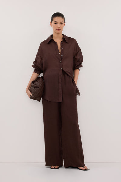 Aude wearing GINNY BURNT CHOC RAMIE PANT