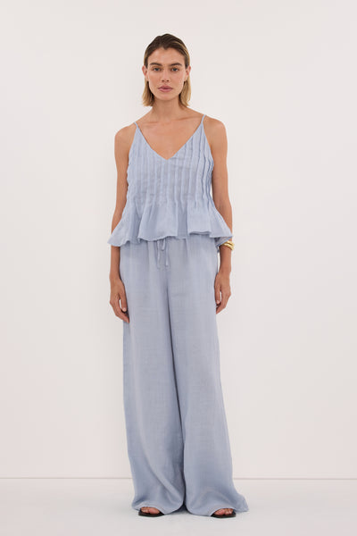 Joanna wearing GINNY DUSTY BLUE RAMIE PANT