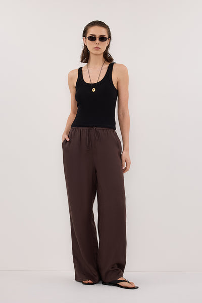 Kristen wearing GINNY DARK CHOC RAMIE PANT