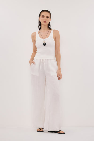 Stas wearing GINNY WHITE RAMIE PANT