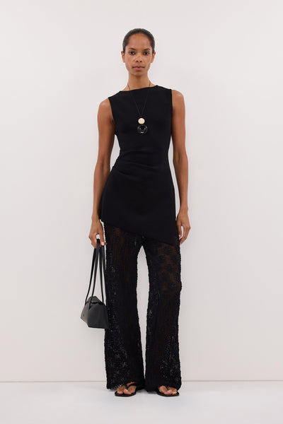 Kristen wearing AGNES BLACK CROCHET WIDE LEG PANT