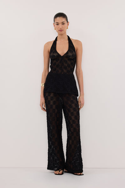 Aude wearing AGNES BLACK CROCHET WIDE LEG PANT