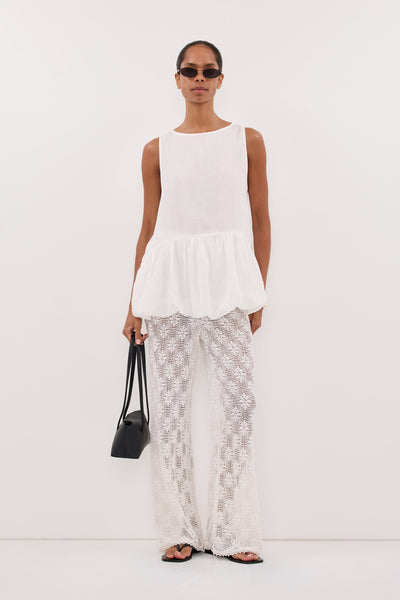 Kristen wearing AGNES WHITE CROCHET WIDE LEG PANT