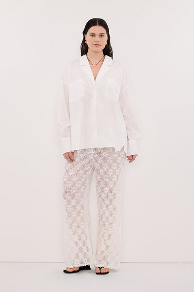 Jasmine wearing AGNES WHITE CROCHET WIDE LEG PANT