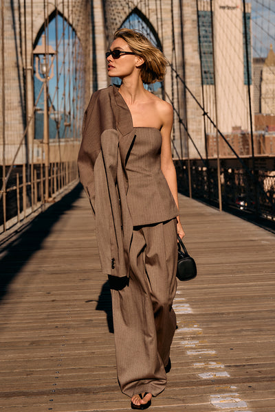 Joanna wearing HAILEY CHOC STRIPE RELAXED PANT