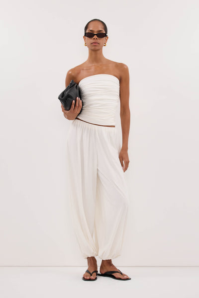 Kristen wearing SHARI OFF WHITE MODAL BALLOON PANT