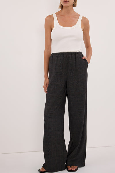 Bambi wearing MARCO GREY PLAID ELASTIC PANT