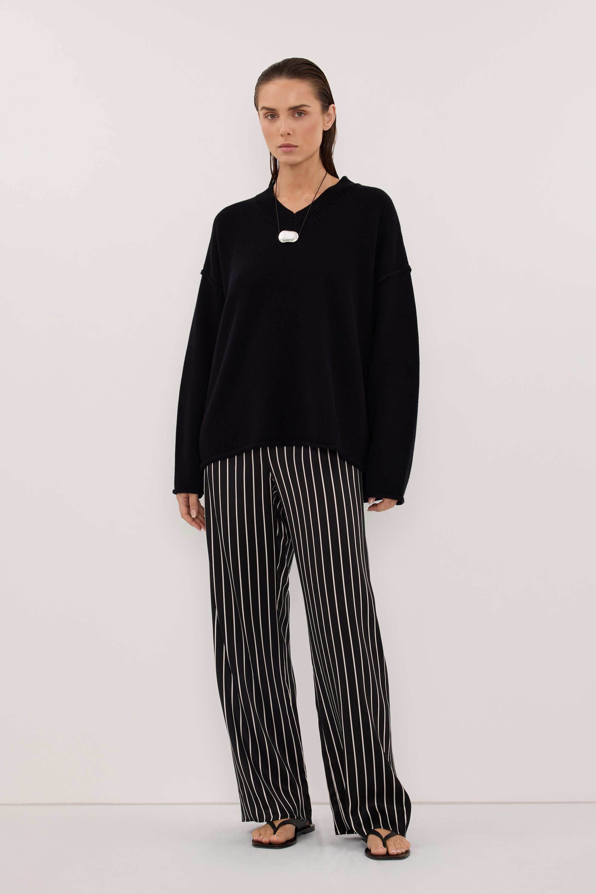ADRIENNE BLACK STRIPE SILK PANT
