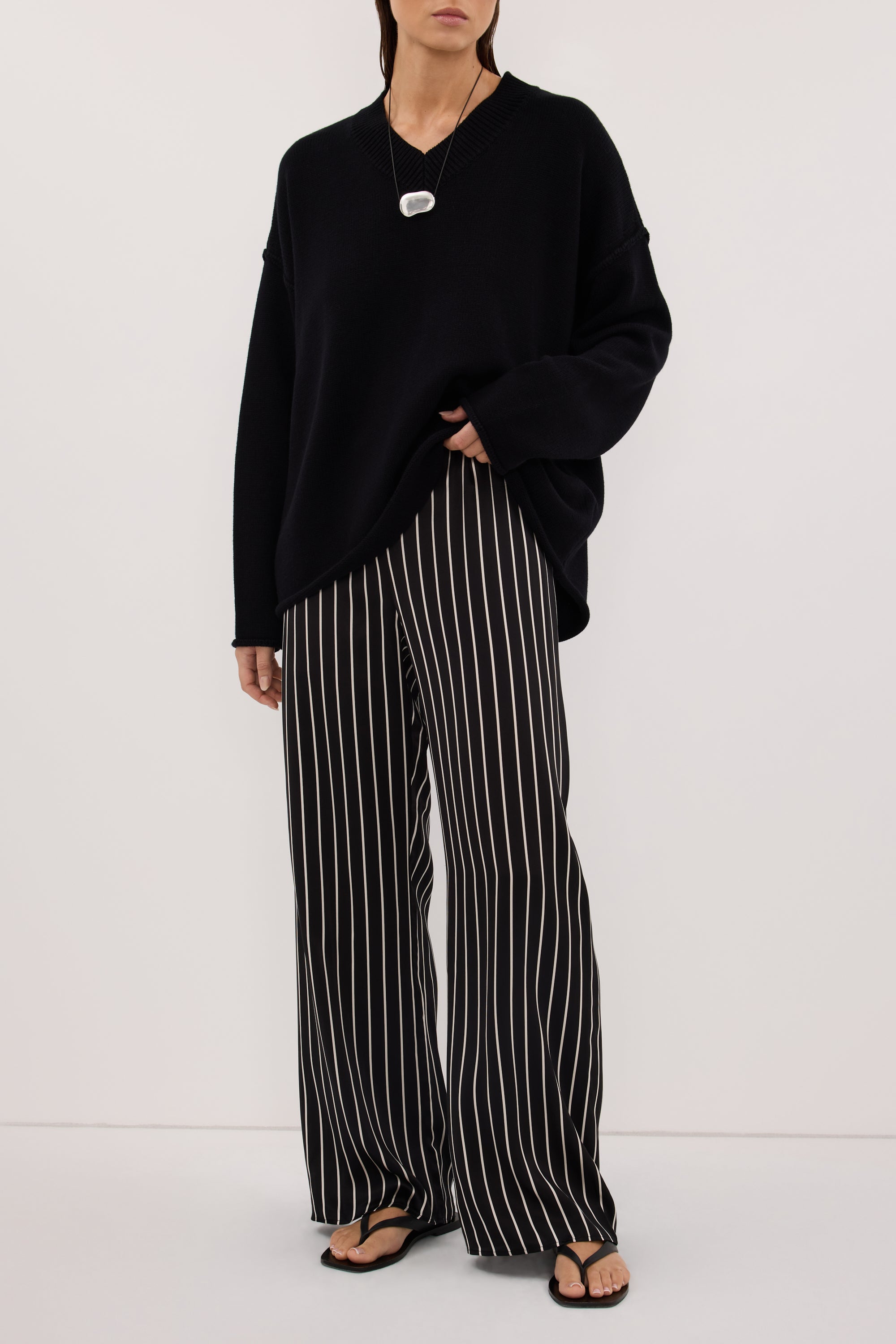 ADRIENNE BLACK STRIPE SILK PANT