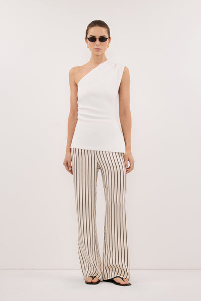 Stas wearing ADRIENNE CREAM STRIPE SILK PANT