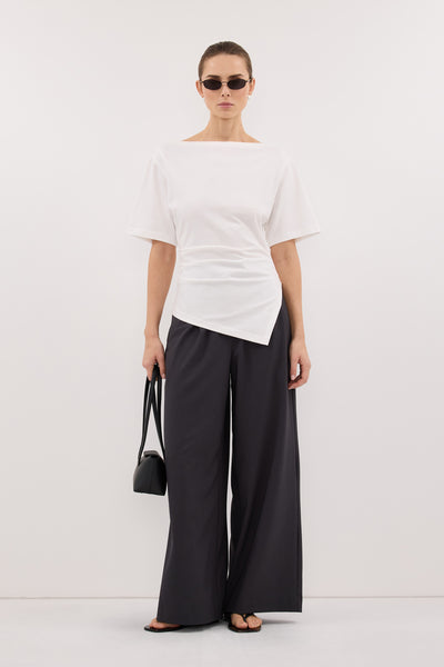 Stas wearing PARKER DARK GREY TAILORED WIDE LEG PANT