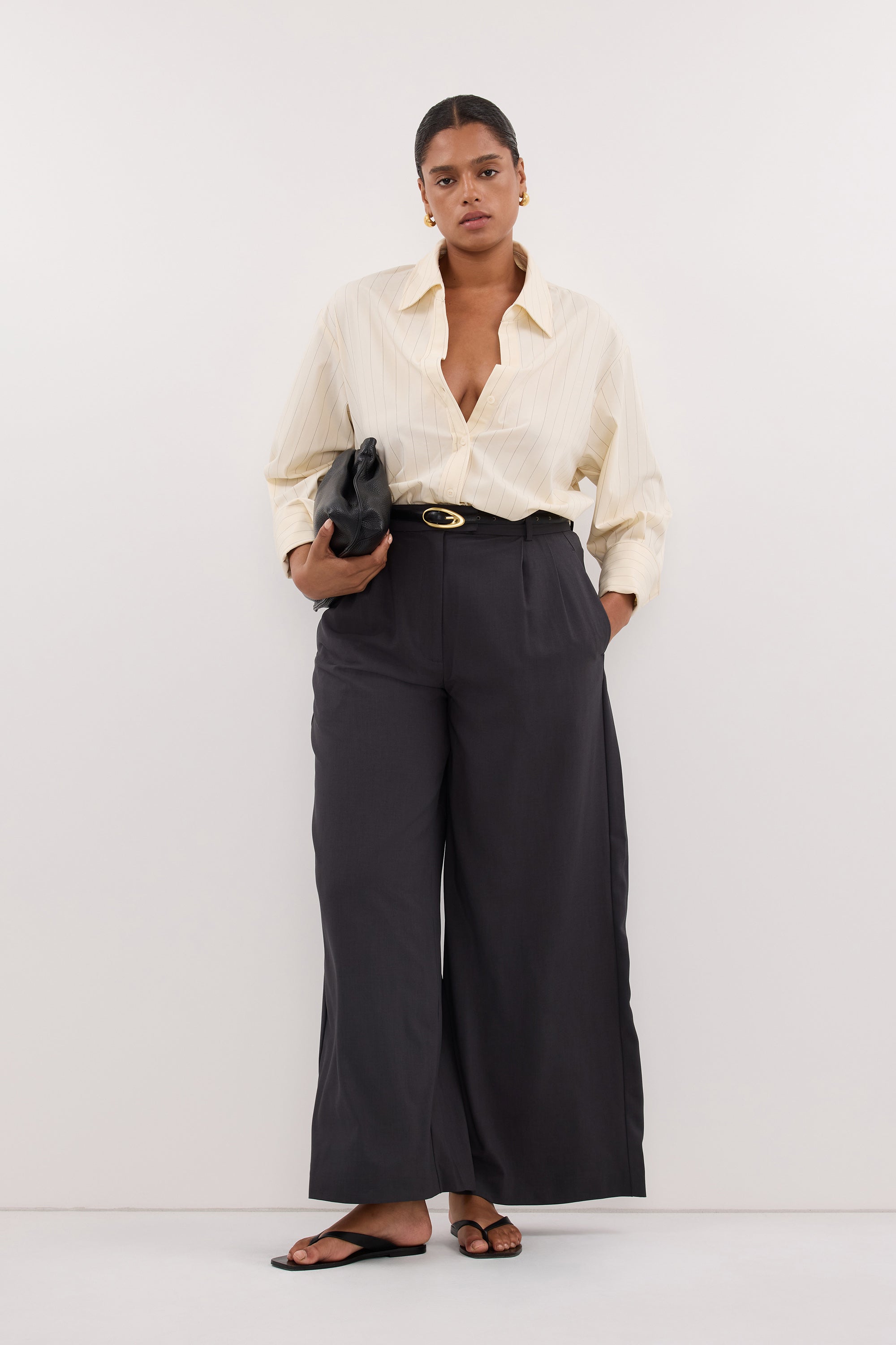 wide leg trouser dress pants Light Taupe - All Bottoms functional button for a refined trouser look Faux pockets for clean lines Front rise Women's Dark gray Wide-Leg Dress