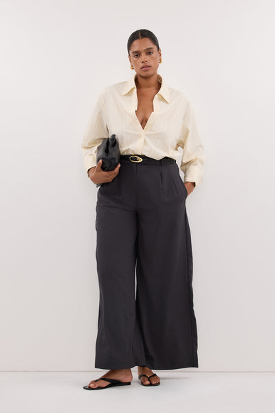 Amanda wearing PARKER DARK GREY TAILORED WIDE LEG PANT