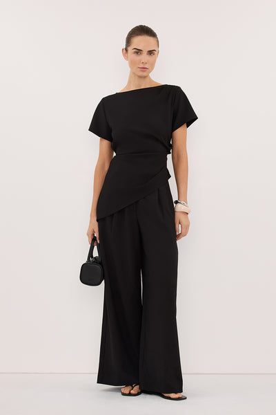 Stas wearing PARKER BLACK TAILORED WIDE LEG PANT