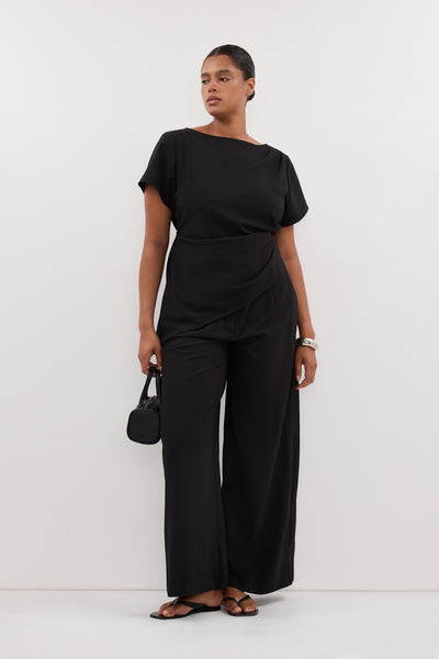 Amanda wearing PARKER BLACK TAILORED WIDE LEG PANT