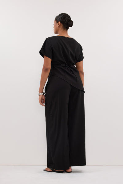 Amanda wearing PARKER BLACK TAILORED WIDE LEG PANT