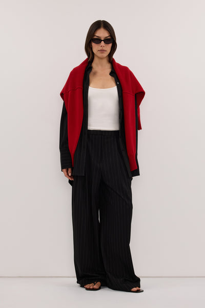 Helena  wearing SIAN BLACK STRIPE TAILORED WIDE PANT