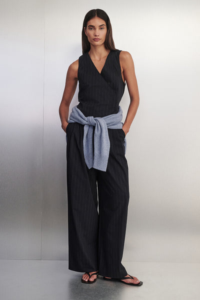 Holly wearing SIAN INK STRIPE TAILORED WIDE PANT