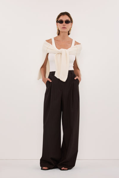 Joanna wearing SIAN PEAT CHOC TAILORED WIDE PANT