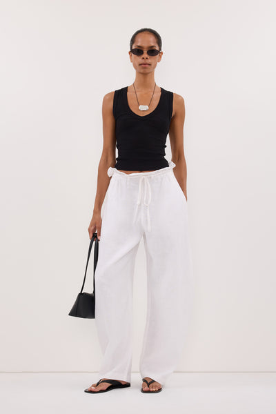 Kristen wearing BLAISE WHITE LINEN PAPERBAG PANT