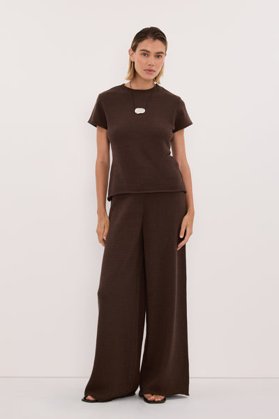 Joanna wearing ORIA BURNT CHOC COTTON KNIT PANT