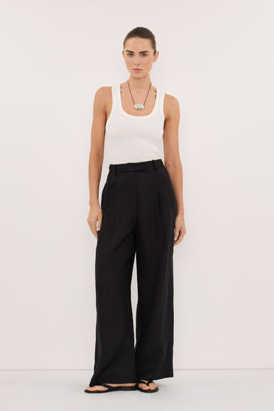 Stas wearing EASTON BLACK WIDE LEG LINEN PANT