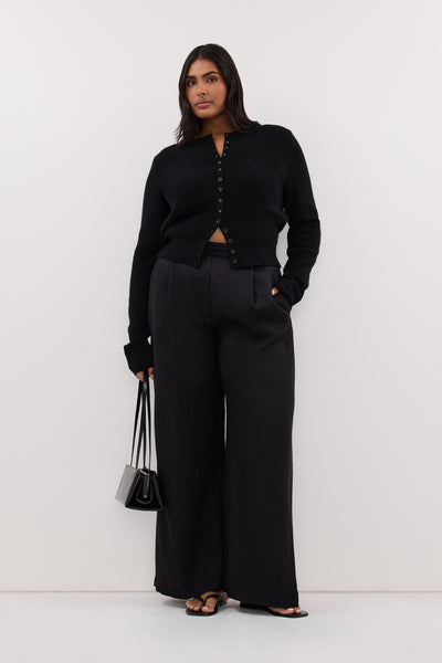 Shanaya wearing EASTON BLACK WIDE LEG LINEN PANT