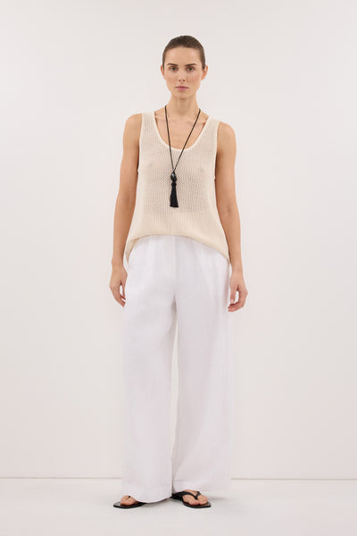 Stas wearing EASTON WHITE WIDE LEG LINEN PANT