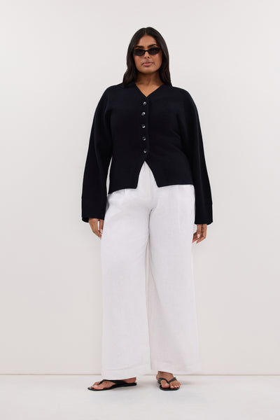 Shanaya wearing EASTON WHITE WIDE LEG LINEN PANT