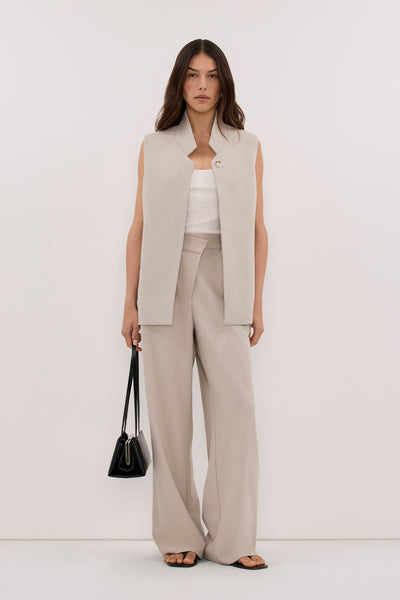 Helena  wearing VIDA MUSHROOM ASYM WAISTBAND PANT