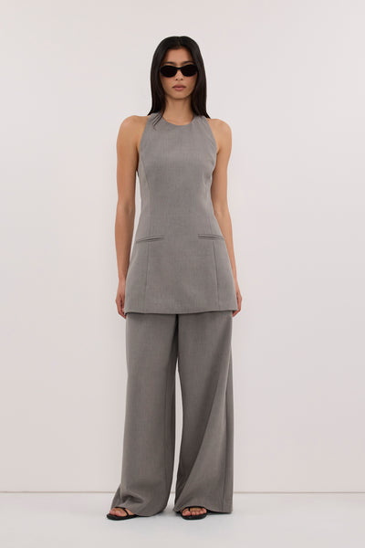 Zoey wearing KENDALL STEEL GREY WIDE LEG PANT