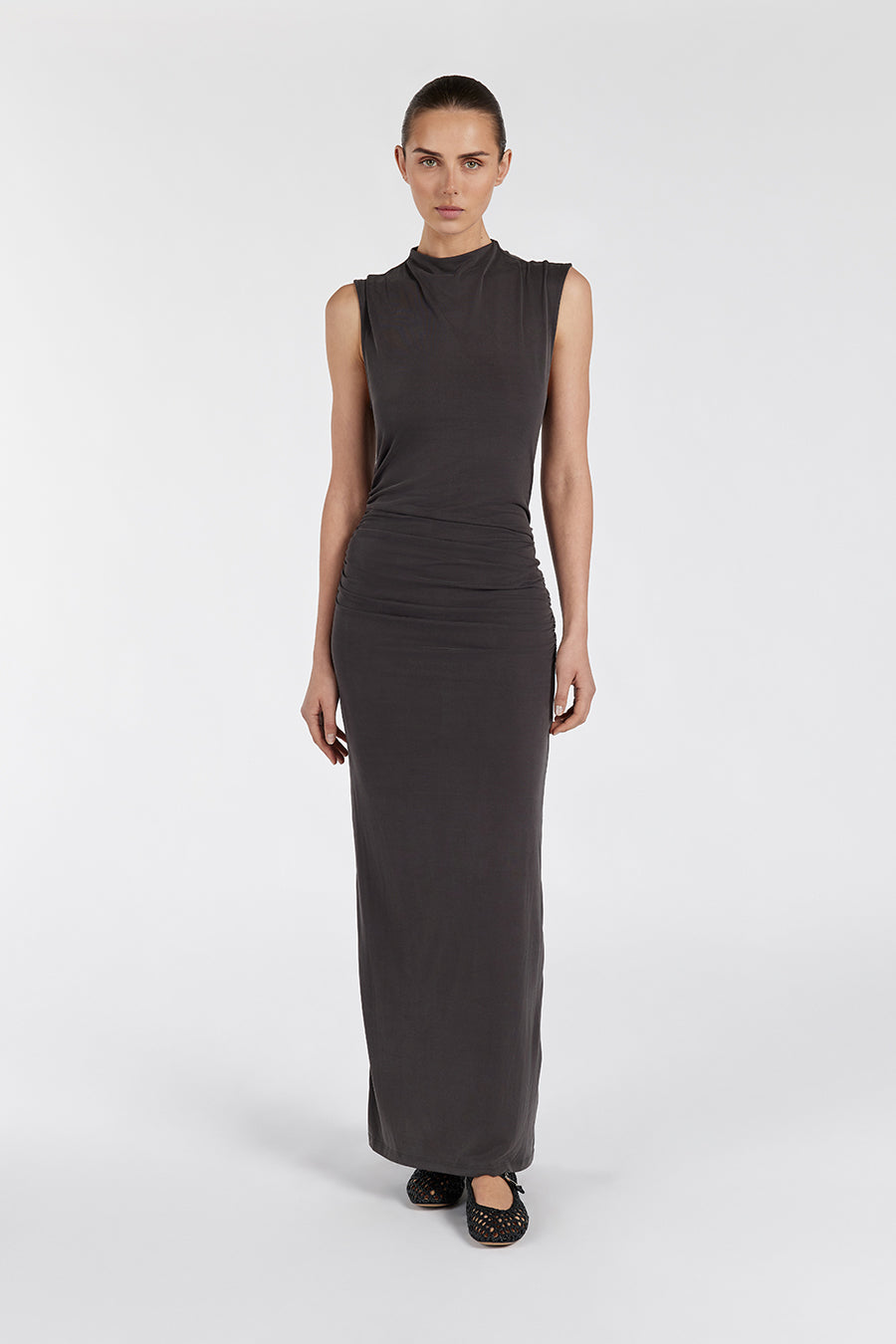 BOSTON SLATE RUCHED MIDI DRESS