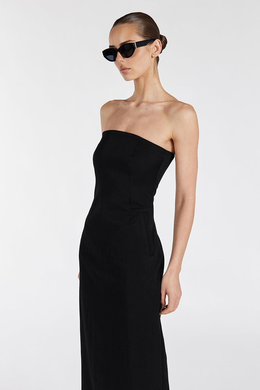 OPAL BLACK STRAPLESS MIDI DRESS