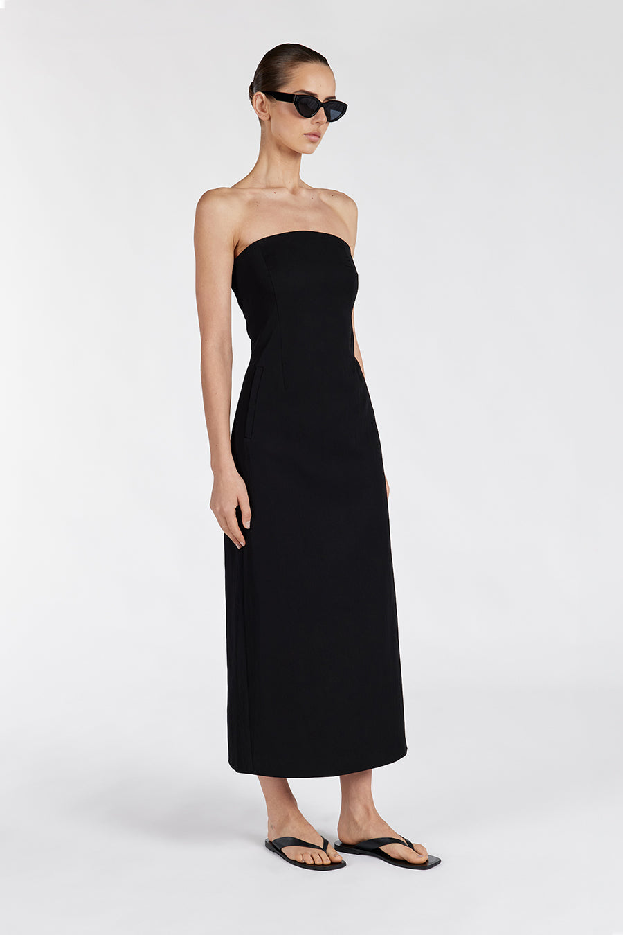 OPAL BLACK STRAPLESS MIDI DRESS